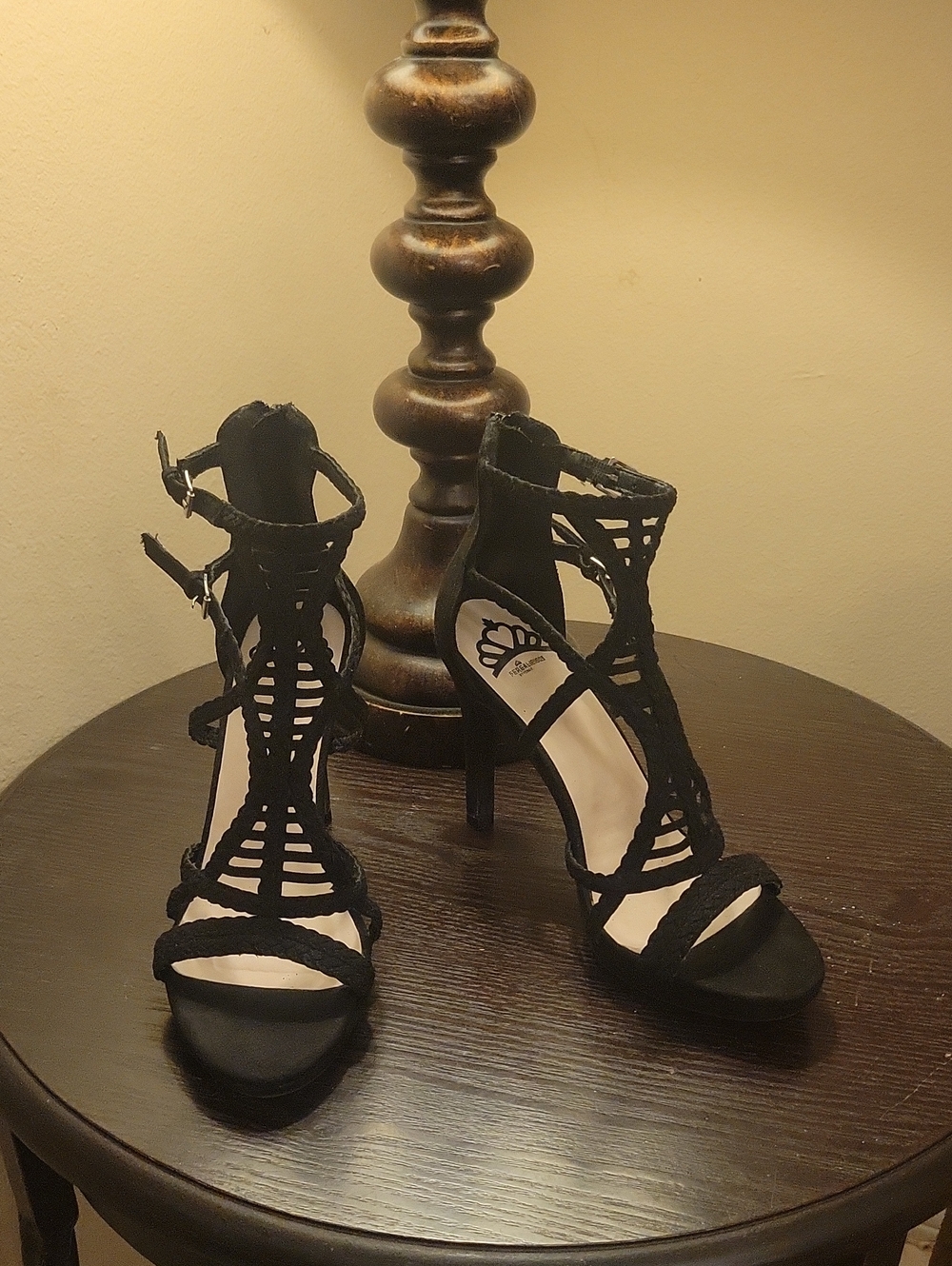Braided Black Strappy High Heel Sandals with Ankle Buckle